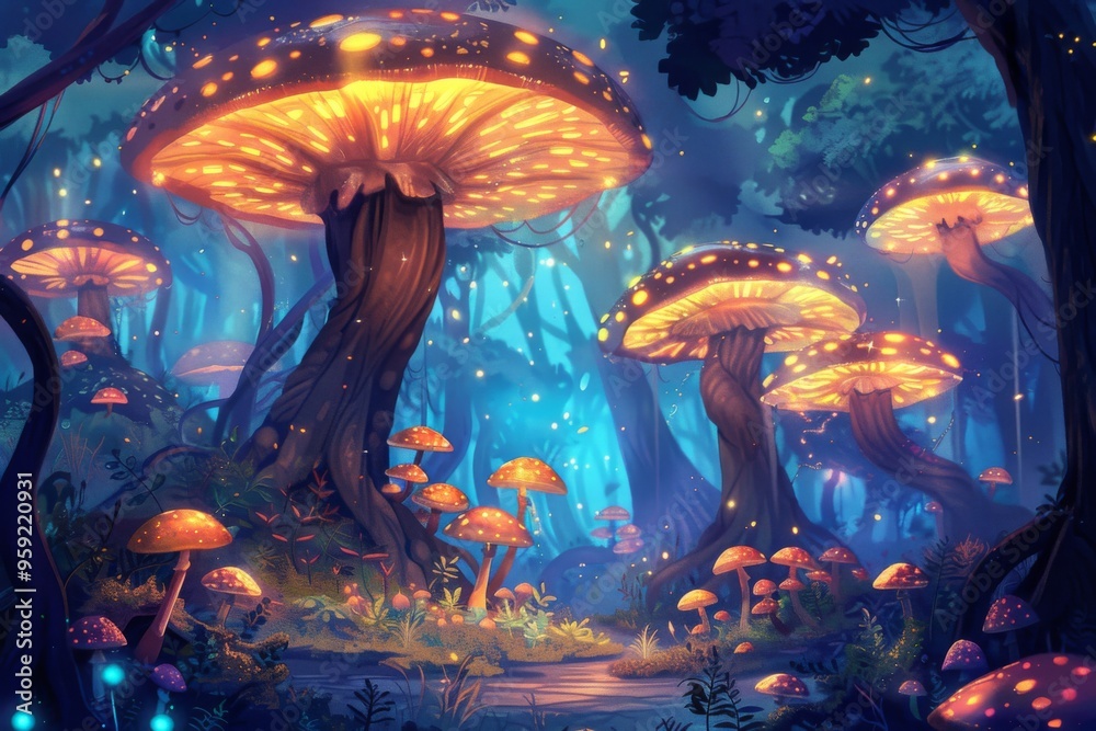 Aufkleber a forest with mushrooms and trees in the middle magical illustration of a fairy forest with glowing 