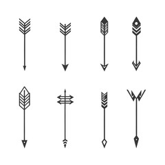 Set of Eight Black Arrow Icons with Geometric Designs