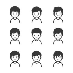 Nine Simple Line Drawings of a Boys Face and Torso
