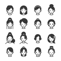 Sixteen Black and White Icons of Womens Faces with Different Hairstyles