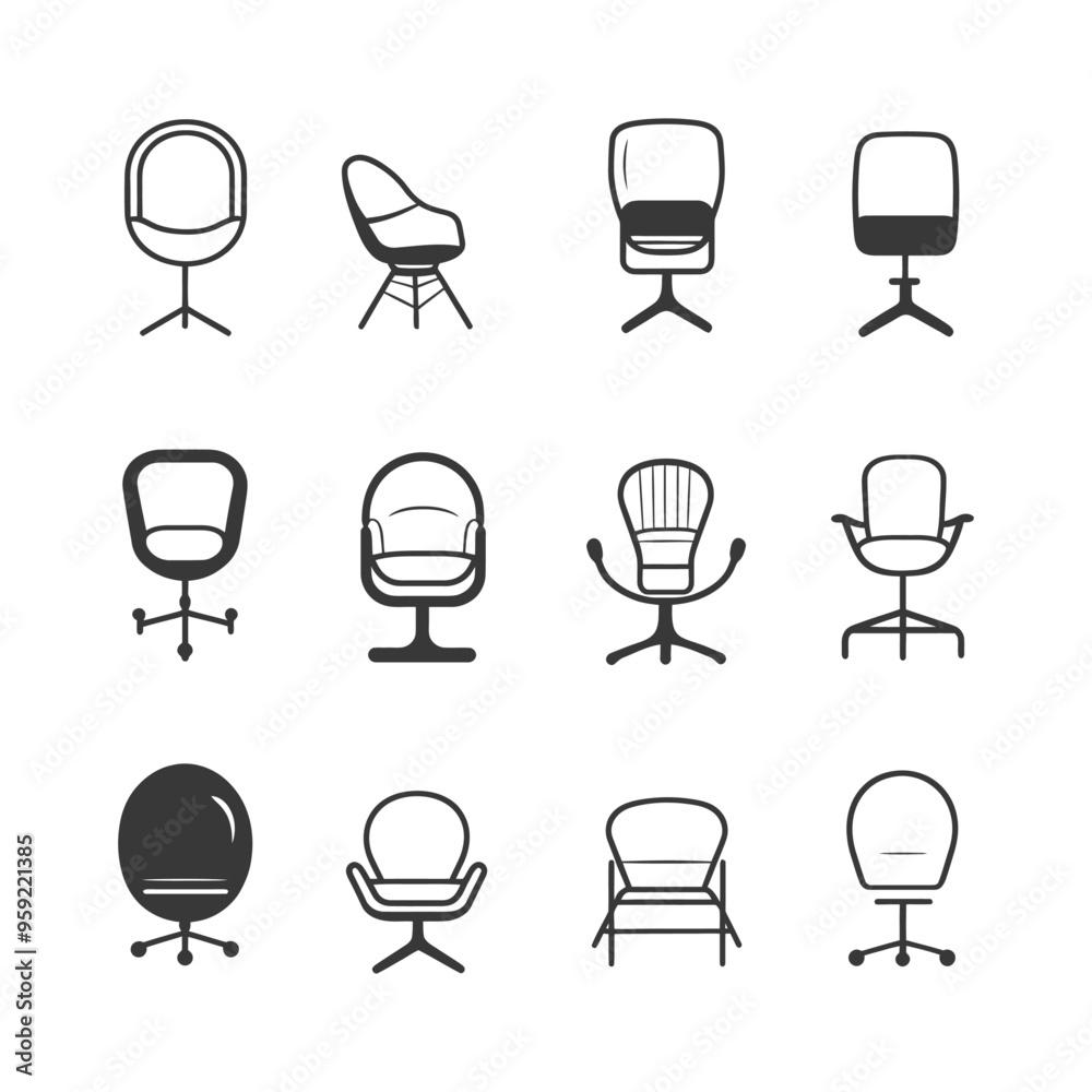 Wall mural A Set of Twelve Black and White Chair Icons