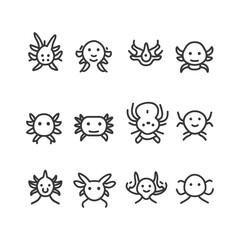 Fototapeta premium Set of twelve black line drawings of cartoon crabs
