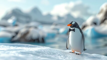 Naklejka premium A cheerful penguin in a tuxedo stands on icy terrain, surrounded by sparkling blue waters and snowy mountains in the background.