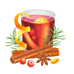 Glass cup with red drink, fruit pieces, cinnamon, rosemary, fir, pine, star anise, berries, orange peel on isolated background. Hand drawn watercolor illustration. For design, cards, packaging, menus