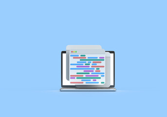 Browser page with volumetric text, code and notebook.. 3D rendering on the topic of code, programming, development, applications, programs. Blue background.