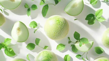 Fresh green melons and leaves arranged artistically on a light background.