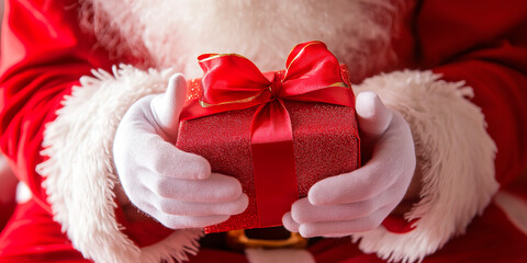Santa Claus holding a red box with a bow on i