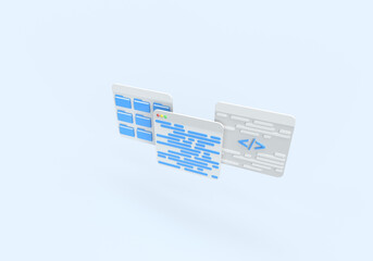 Browser page with volumetric text, code. Explorer with folders and files. 3D rendering on the topic of code, programming, development, applications, programs. Blue background.