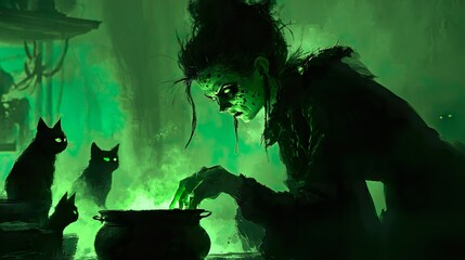 Witch and black cat near a caldron