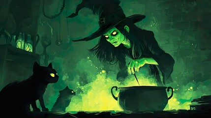 A witch and her black cooks cooking at a caldron 