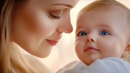 A woman and baby looking at each other with a blue background, AI