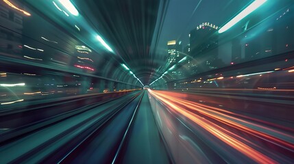 Fototapeta premium Blurred lights and motion streaks in a tunnel leading to a city skyline.