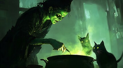 Witch cooking using a caldron