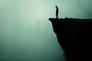 Silhouette of man standing on edge of cliff in misty fog