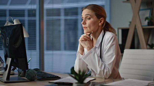 Healthcare practitioner discussing online treatment closeup. Focused woman nod