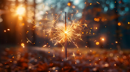 Fototapeta premium Sparkler in a Bokeh Forest Illustration