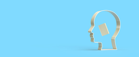 Abstract illustration, 3D figure of a human head, a book inside. 3D rendering on the theme of idea, knowledge, thought, thinking, study. Blue background.