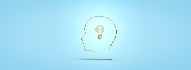 Abstract illustration, 3D figure of a human head, glowing a yellow color incandescent light bulb inside. 3D rendering on the theme of idea, knowledge, thought, thinking, study. Blue background.