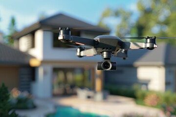 A high-tech drone hovers in front of a modern home, capturing stunning aerial views of residential landscapes.