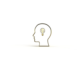 Abstract illustration, 3D figure of a human head, glowing incandescent light bulb inside. 3D rendering on the theme of idea, knowledge, thought, thinking, study. Illustration for black background.