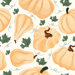 pattern with pumpkins of a round long and convex shape of light color and pumpkin leaves on a light background, vector