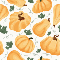seamless pattern with pumpkins of round long and convex shape of yellow color and pumpkin leaves on a light background, vector