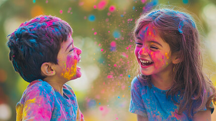 two children playing with colors in holi 