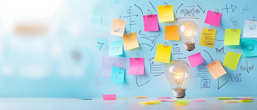 A creative brainstorming session with sticky notes and diagrams, emphasizing the role of discovery in achieving business success