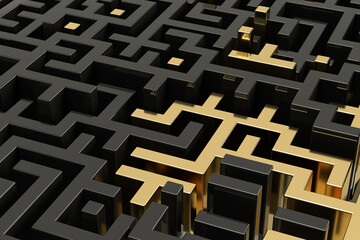 Maze a gold and black of cubes, geometric shapes. 3d rendering on the theme of puzzles, games, maze, technology, computer, lines, business, work. Abstract composition. Close-up illustration.