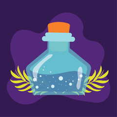 Potion bottle with glowing liquid on purple background Vector