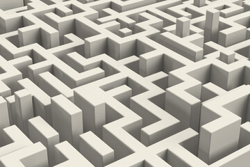 Maze a white of cubes, geometric shapes. 3d rendering on the theme of puzzles, games, maze, technology, computer, lines, business, work. Abstract composition. Close-up illustration.