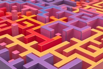 Naklejka premium Maze a multicolored of cubes, geometric shapes. 3d rendering on the theme of puzzles, games, maze, technology, computer, 3d, video card. Abstract composition. Close-up illustration.