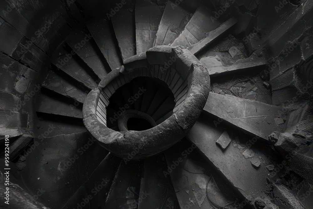 Poster a spiral staircase in a building with a black and white photo spiral staircase ascending into the un