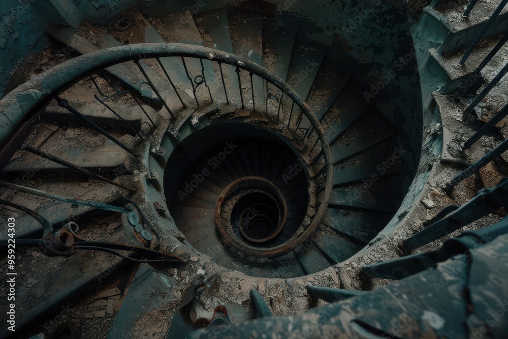 Poster a spiral staircase in a building with a black and white photo spiral staircase ascending into the un