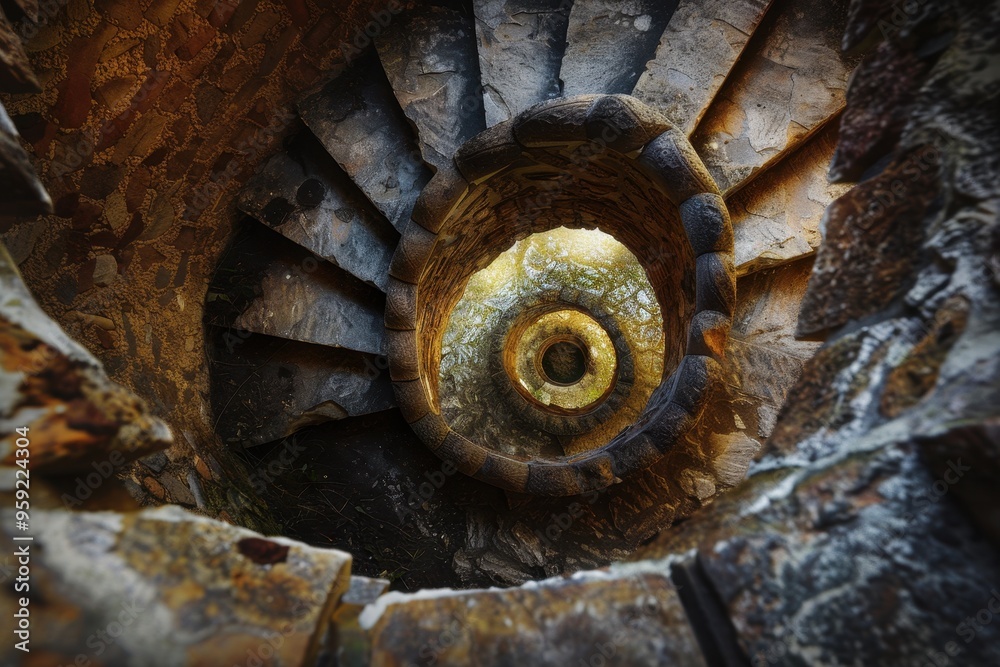 Poster a spiral staircase in a building with a black and white photo spiral staircase ascending into the un