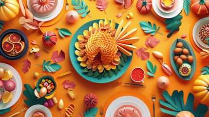 A vibrant and colorful arrangement of various fruits and vegetables on a decorative table setting, ideal for food presentations.