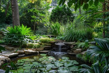 a pond with a waterfall and a gazebo tranquil garden oasis with lush greenery and a tranquil pond