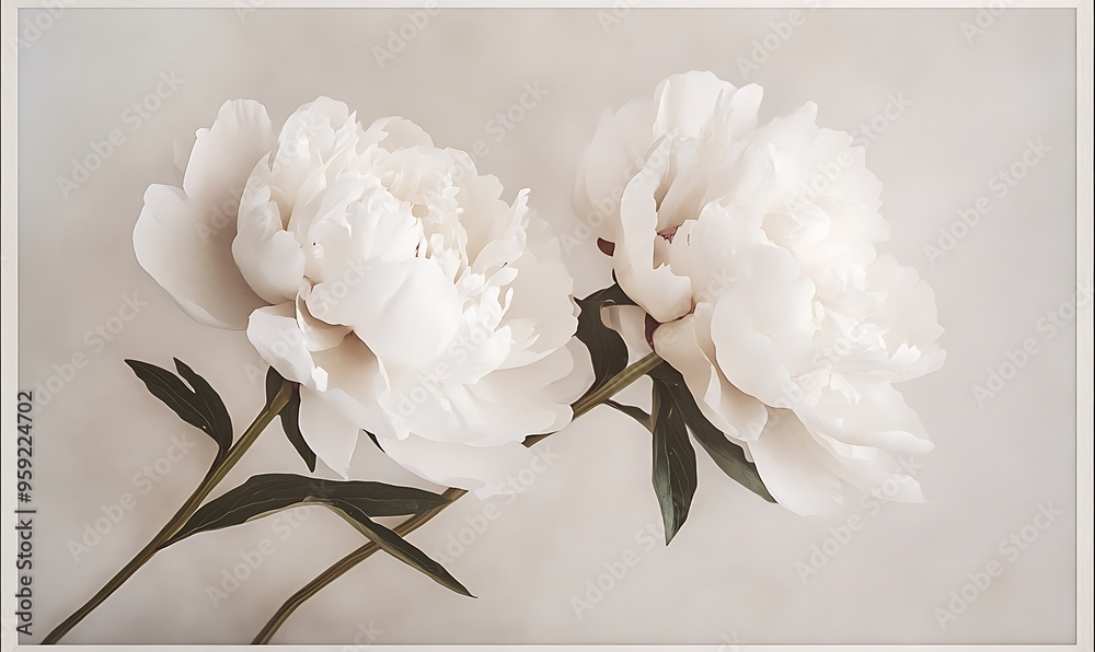 Poster two delicate white peonies with green stems on a light background