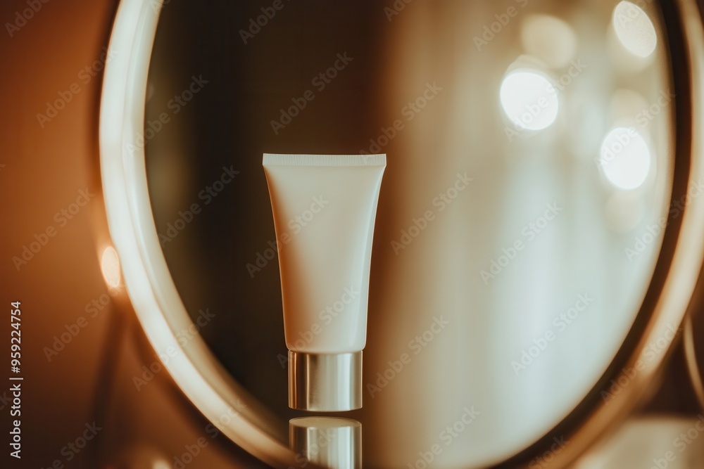 Poster A cream tube stands upright, its reflection visible in a circular mirror, softly illuminated by warm light during a morning routine. Generative AI