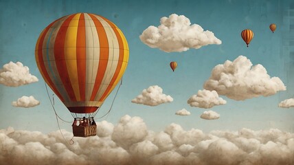 Fototapeta premium Landscape vector background of a colorful balloon in the middle of a clear and cloudy sky with fluffy clouds 