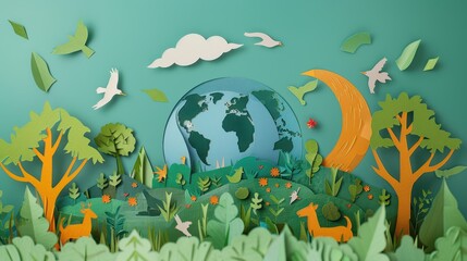 A vibrant paper art scene depicting a stylized globe surrounded by lush nature, animals, and colorful elements, symbolizing harmony.