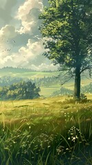 A lone tree stands tall on a grassy hill overlooking a valley with rolling hills and a cloudy sky.