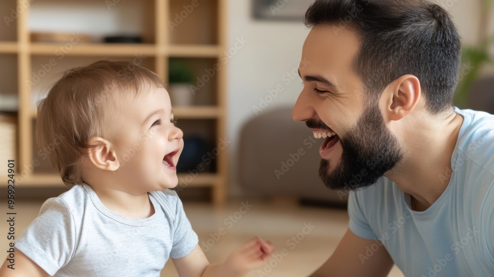 Sticker a man and a baby laughing together on the floor, ai