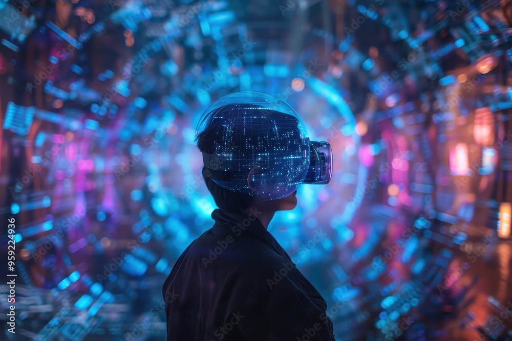 Poster a man wearing a virtual reality headset virtual conference exploring the future of technology and in