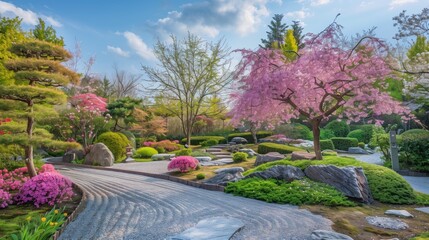 Obraz premium A garden with a path and a tree with pink flowers