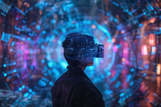 a man wearing a virtual reality headset virtual conference exploring the future of technology and innovation