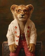 A lion is wearing a white jacket and sunglasses, and is holding a brown purse. The image has a...