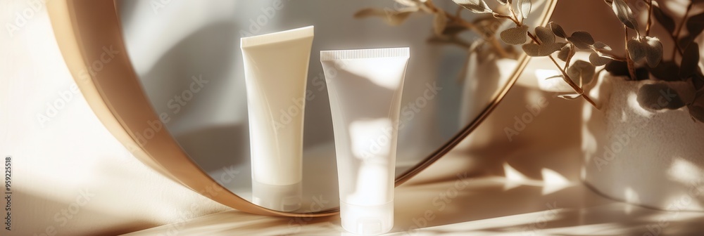Aufkleber a tube of cream is reflected in a round mirror, capturing soft shadows and natural light in a peacef