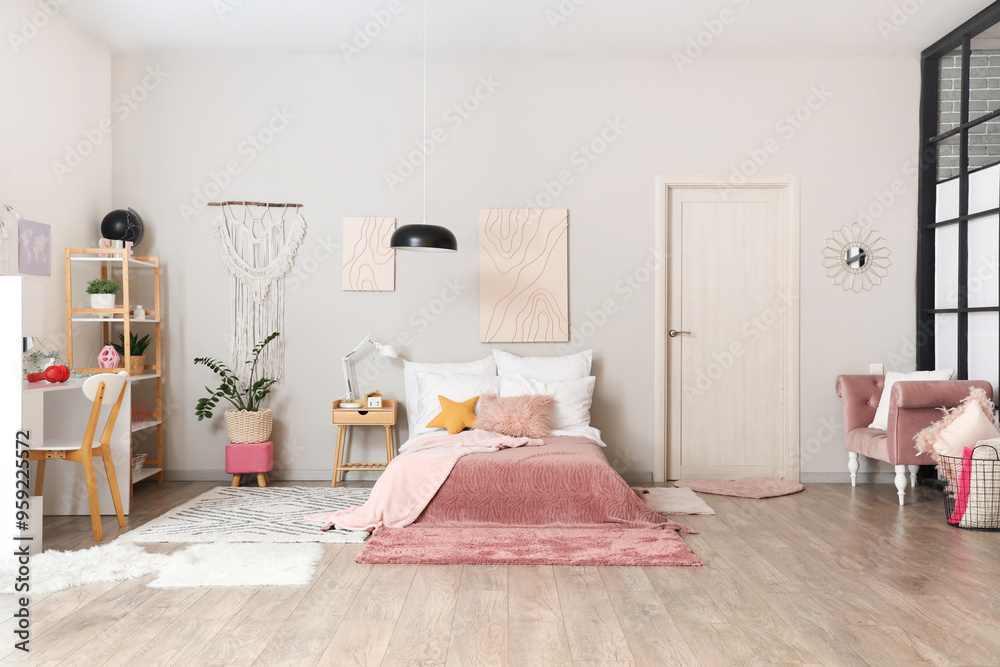 Wall mural interior of teenager's room with bed, door and armchair