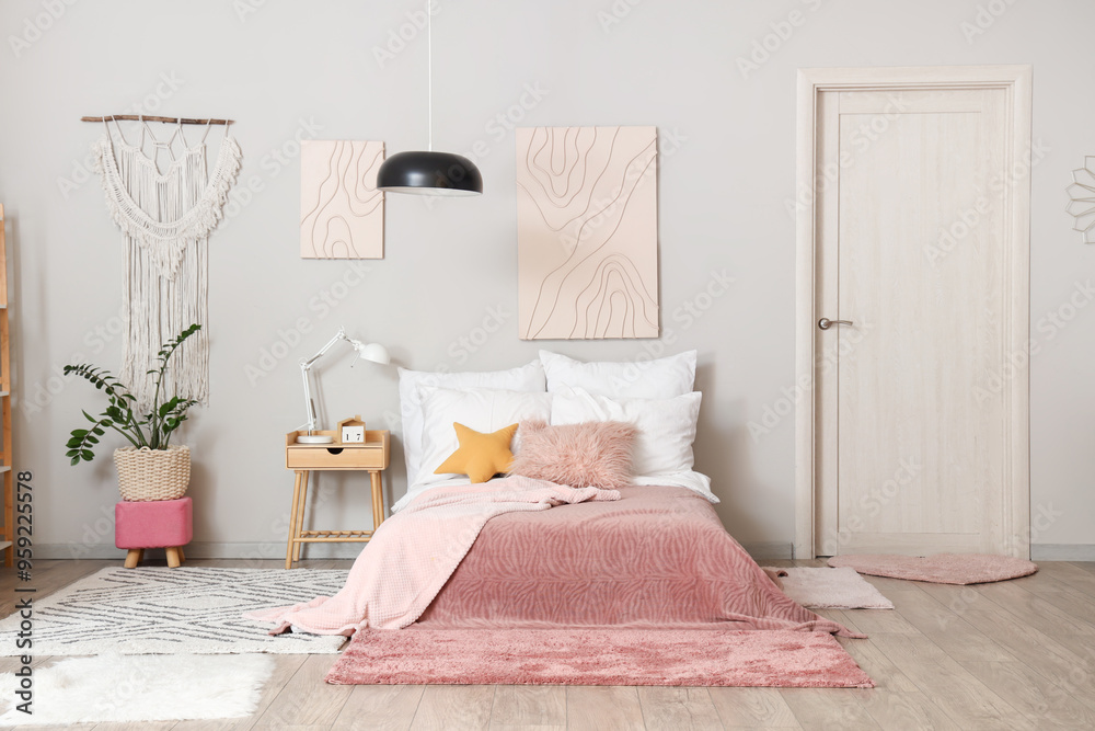 Sticker interior of teenager's room with bed, table and door